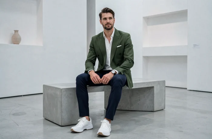 Homme en blazer vert forêt à motif pied-de-poule et sneakers blanches assis dans un espace galerie minimaliste, incarnant un style masculin tendance pour la nouvelle saison