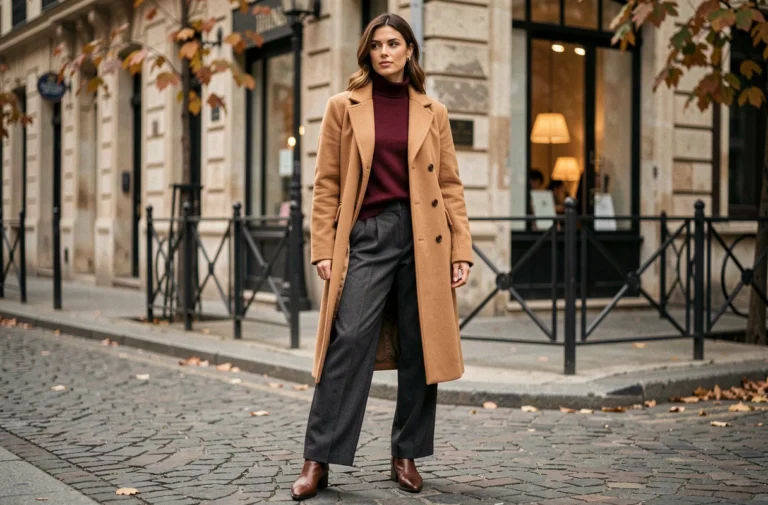 Femme élégante portant un manteau camel oversized et un pantalon large en laine dans une rue pavée parisienne en automne, illustrant les tendances mode de la saison