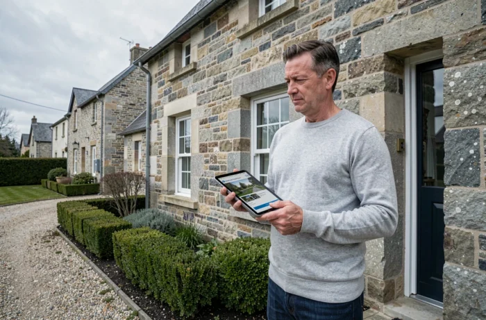 Homme évaluant une maison en pierre bretonne avec une tablette affichant une annonce immobilière à Plaintel